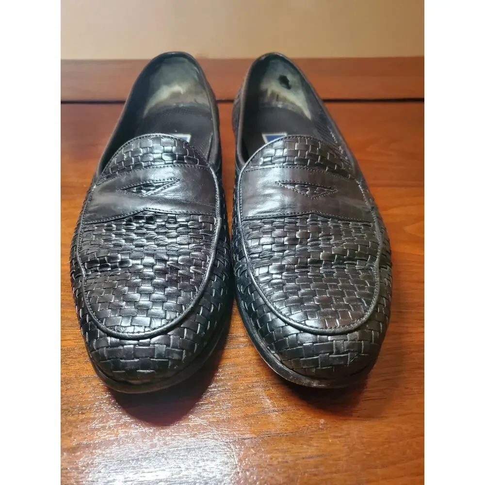 Bragano Italy Mens Size 12 Black Woven Leather Dress Shoes Slip On Loafers